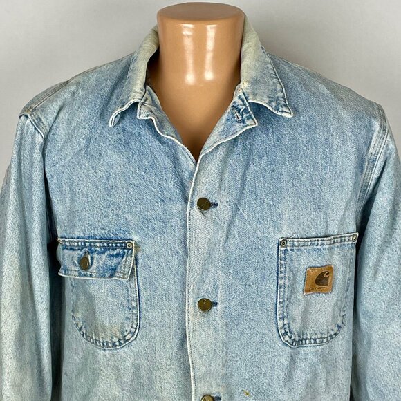 Vtg Carhartt CB0408 Blanket Lined Denim Chore Jacket Sz L Distressed Farmcore - Picture 2 of 12
